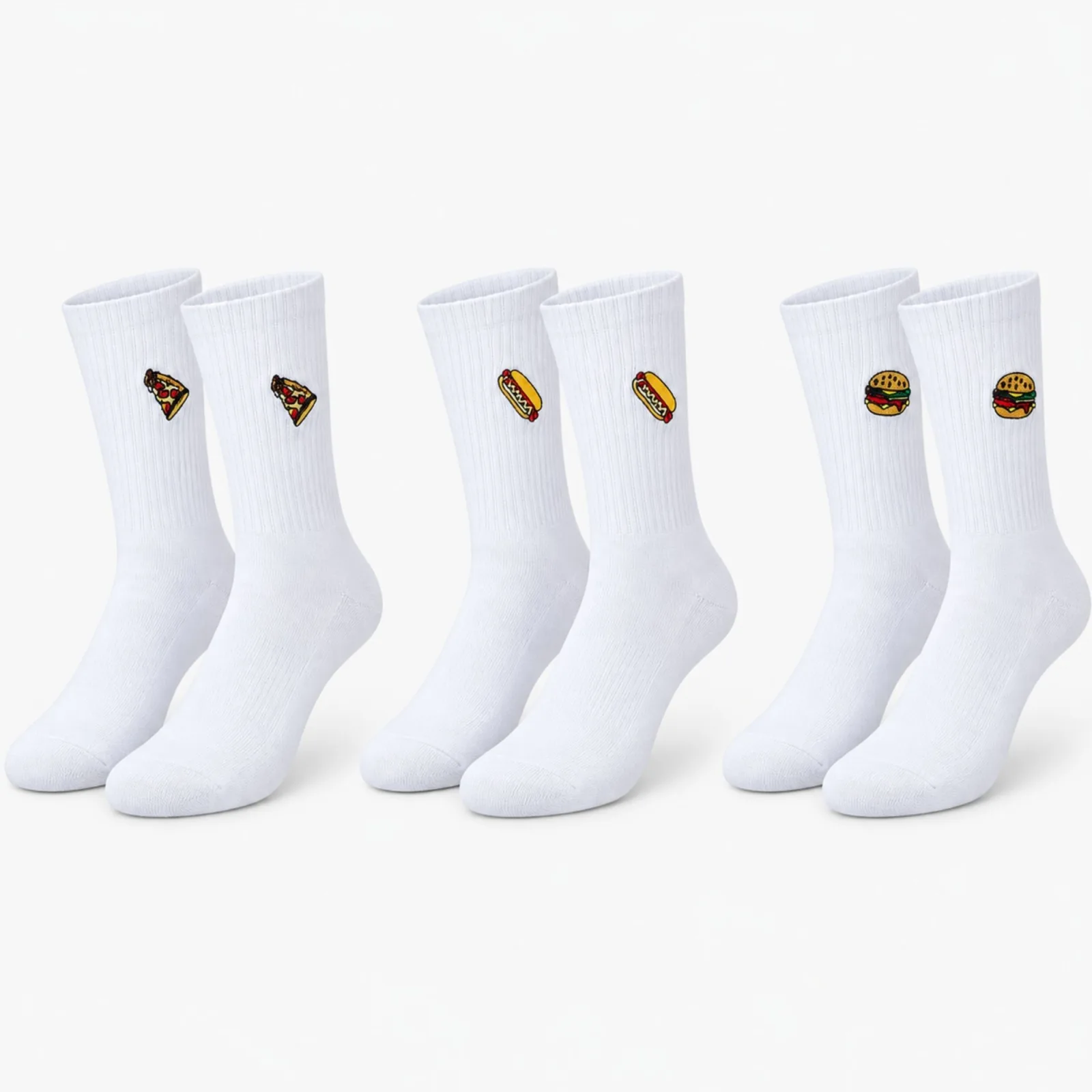 UNİSEX Çorap Beyaz Nakışlı 3'lü Set Pizza Hotdog Hamburger Desenli Uzun Soket Günlük Spor Çorap Seti - Unisex Çorap