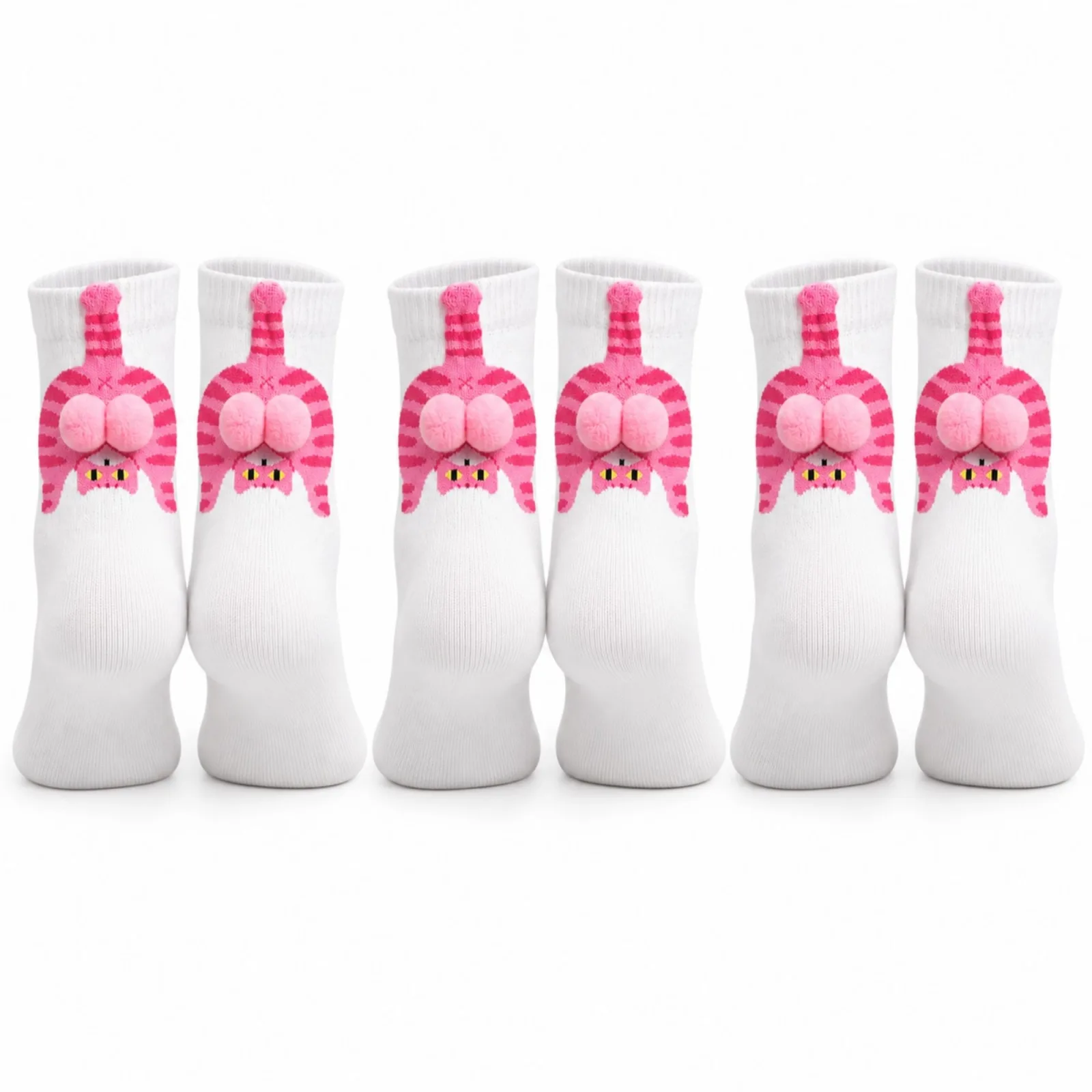 Kadın 3'lü Beyaz Pembe Kedi Desenli Ponponlu Soket Çorap Seti | 3D Kedi Figürlü Sevimli Çorap Modeli