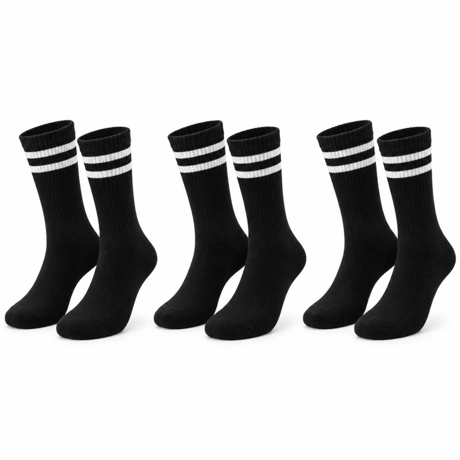 Siyah Çorap Beyaz Çizgili 3'lü Set Unisex Uzun Soket Günlük Spor Rahat Kolej Stil Çorap Seti - Unisex Çorap