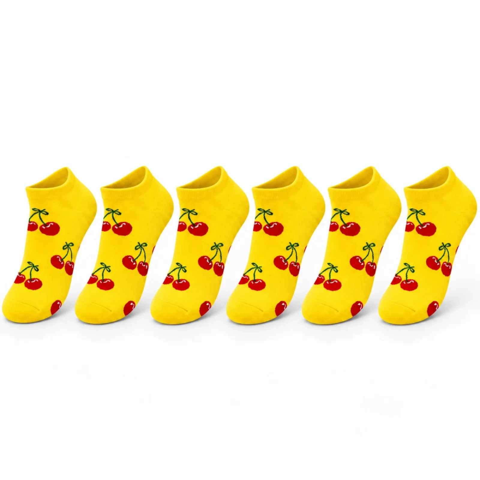 Kadın Kiraz 6'lı  Desenli Patik Çorap Sarı Pamuklu Dikişsiz Sneaker Uyumlu Eğlenceli Günlük Set - Kadın Çorap