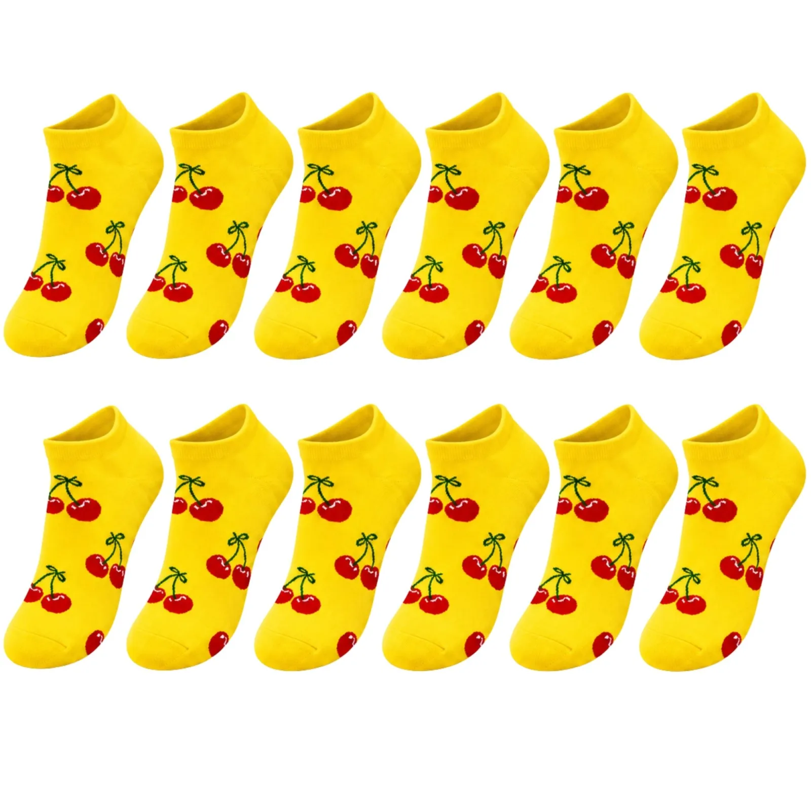 Kadın Kiraz 12'li Desenli Patik Çorap Sarı Pamuklu Dikişsiz Sneaker Uyumlu Eğlenceli Günlük Set - Kadın Çorap