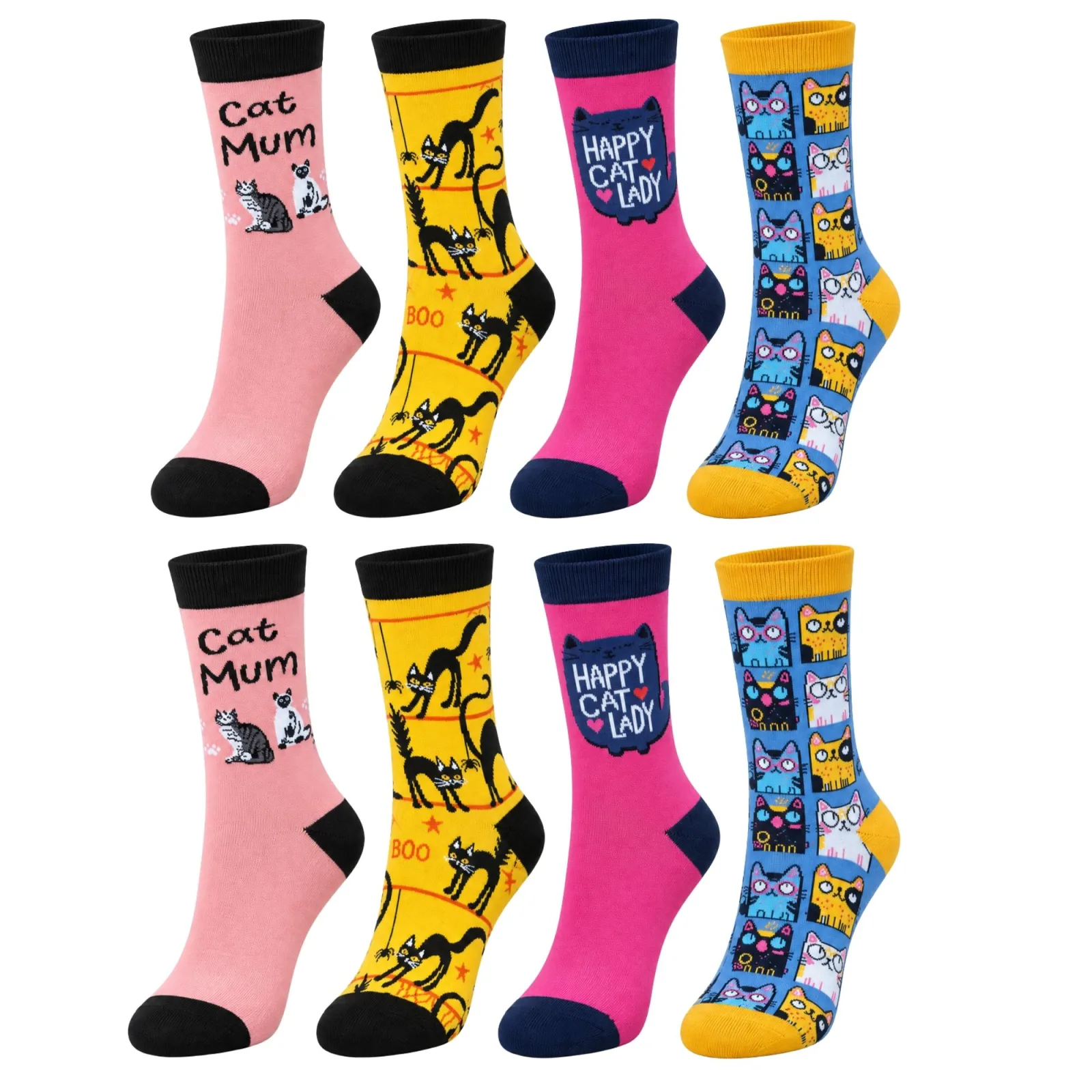 Unisex Kedi Desenli Soket Çorap 8'li Set | Renkli Cat Mum Happy Cat Lady Eğlenceli Günlük Spor Çorap