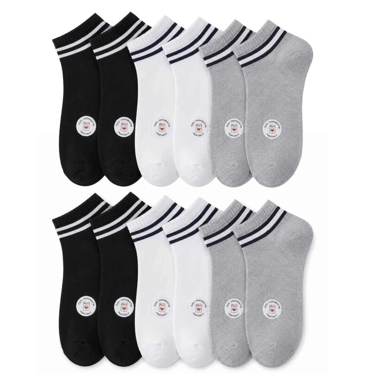 Unisex Çizgili Patik Çorap 6'lı | %85 Pamuklu Geri Dönüşüm İplikli, İnce Dikişli Spor - Unisex Çorap