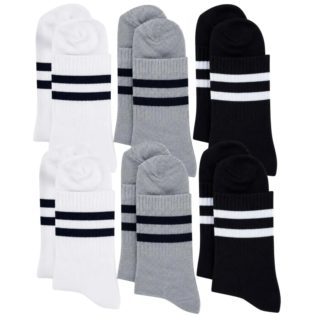 Unisex Çizgili Bilek Çorap 6'lı | %80 Pamuklu Dikişsiz Burun, Siyah Beyaz Gri Günlük Spor - Unisex Çorap